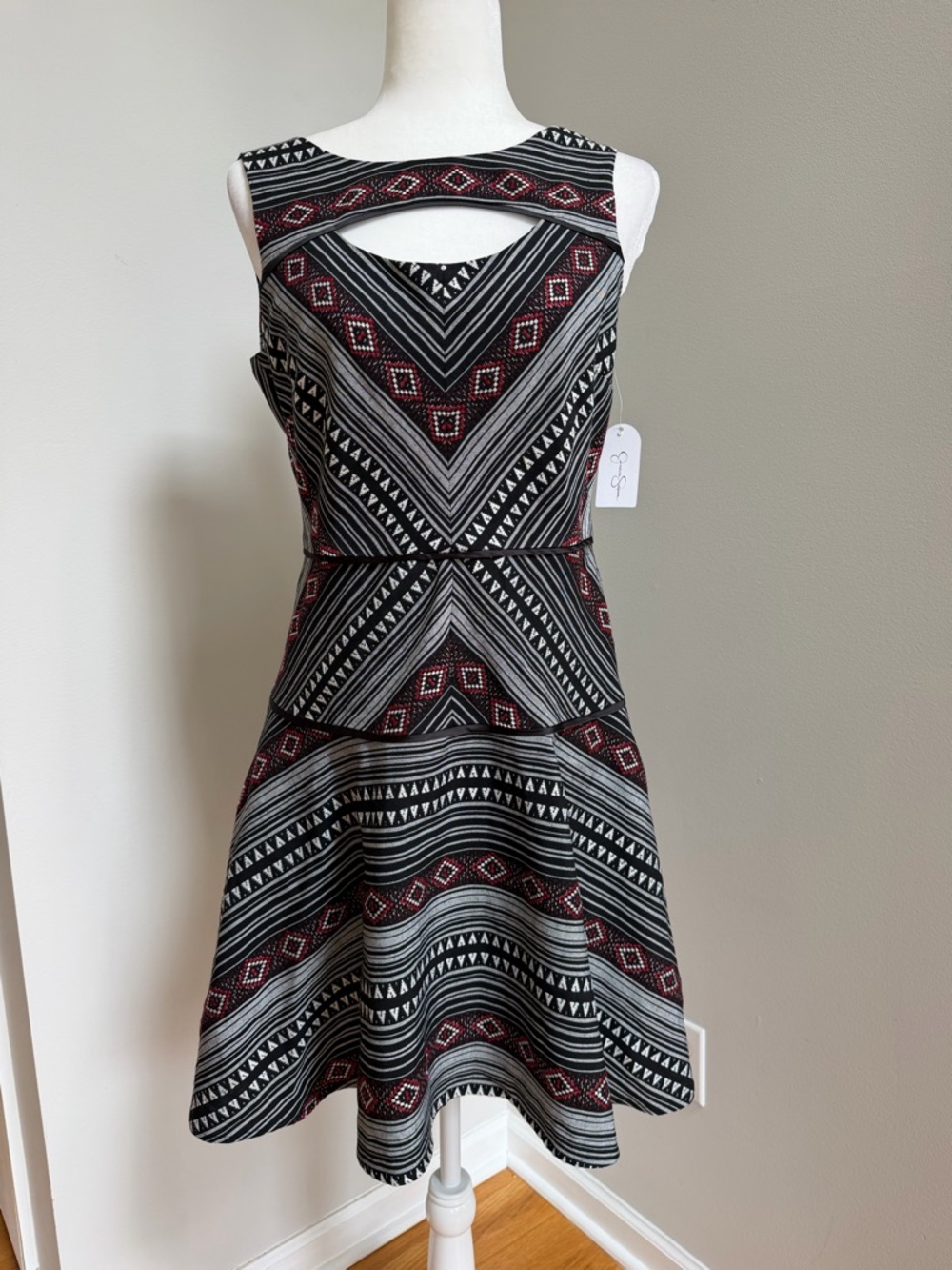 NWT Jessica Simpson Black and Red Geo Cutout Fit & Flare Mini Dress